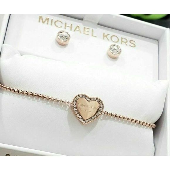MICHAEL KORS MKJ7713791 GOLD-TONE HEART SLIDER BRACELET & CZ STUD EARRING SET - Picture 1 of 7